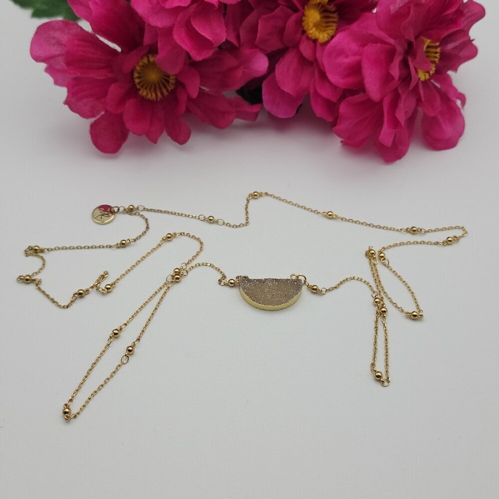 Gold Tone Half Moon Druzy Crystal Necklace 35" Continuous Strand Signed NR